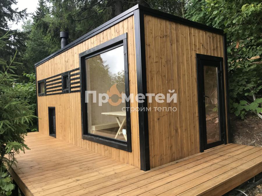 Реализованный проект Каркасная баня Норд 2.5x6 метров с террасой