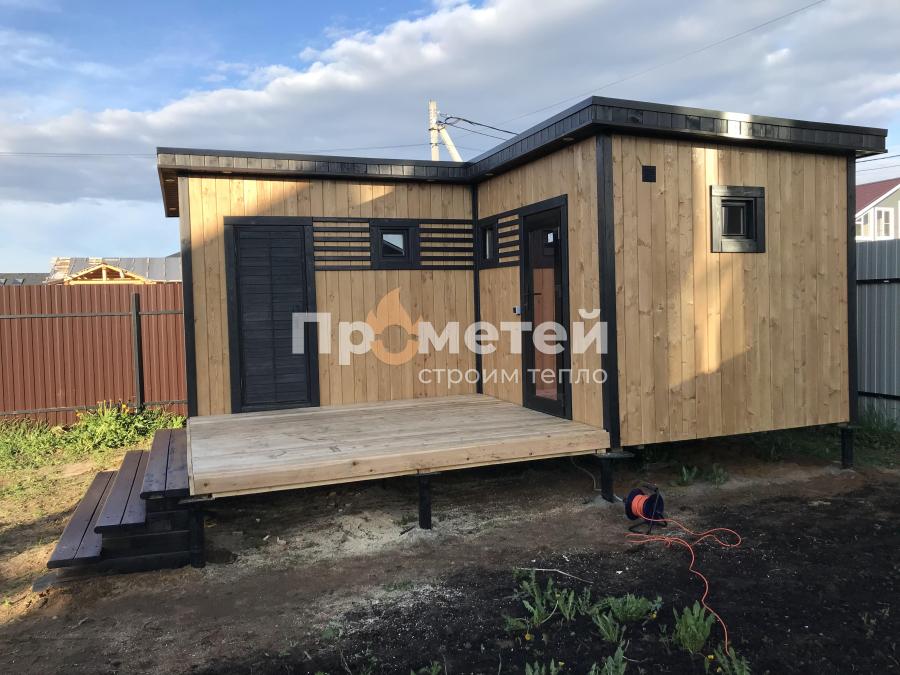 Г-образная каркасная баня Норд 2.5x5 метров с модулем 2.5х3 метра