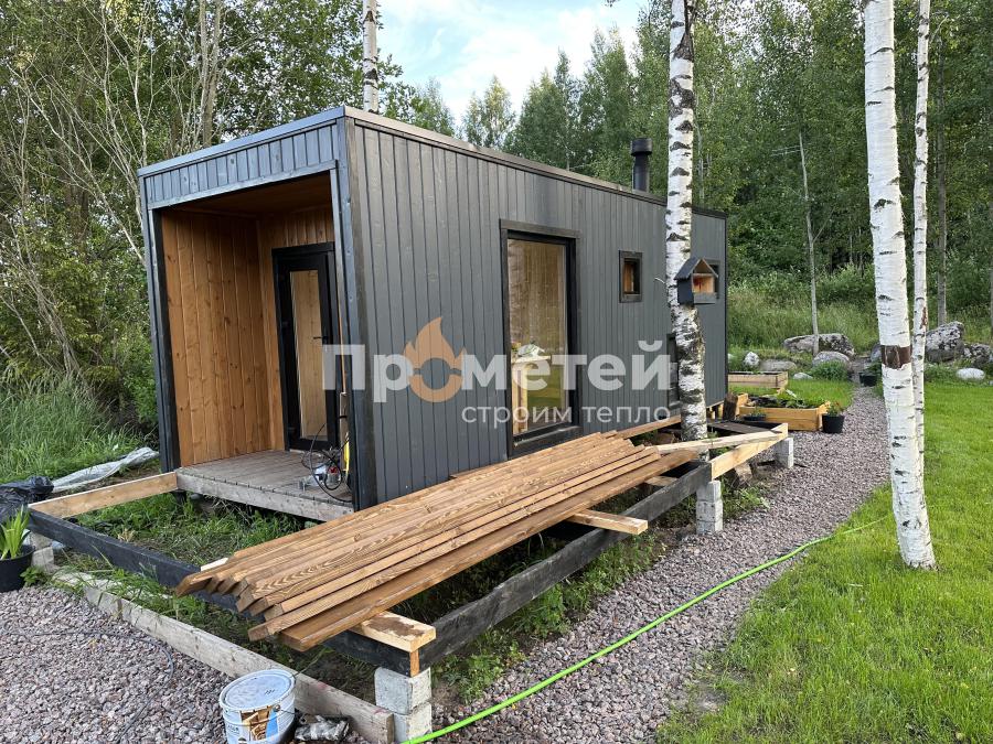 Реализованный проект Каркасная баня Норд 2.5x7 метров с террасой