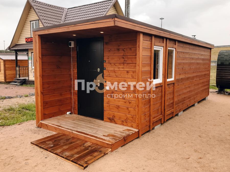 Реализованный проект Каркасная баня 2.5x8 метров с террасой