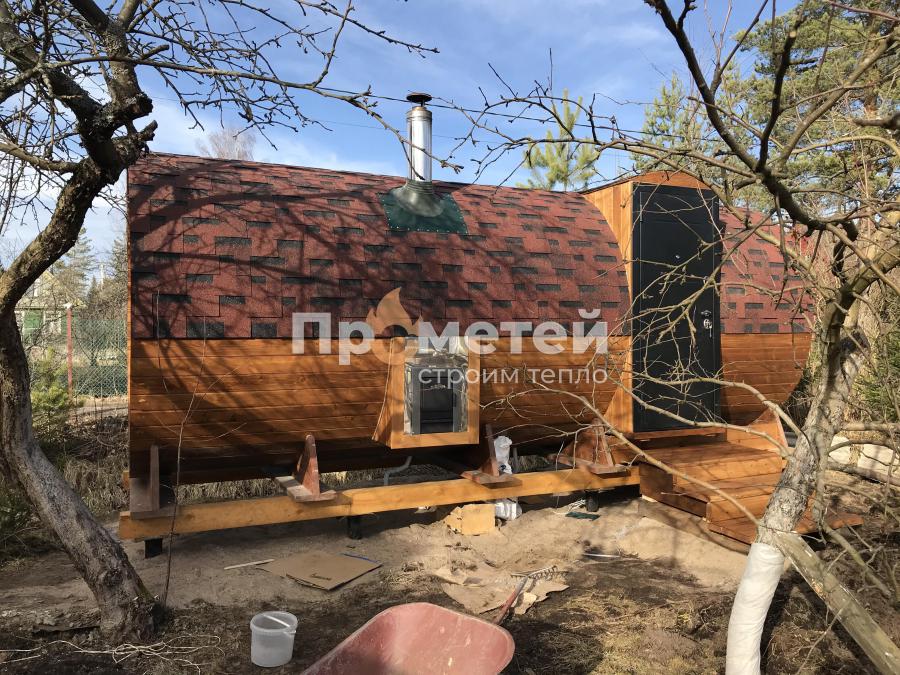 Реализованный проект Круглая баня бочка 6 метров с боковым входом
