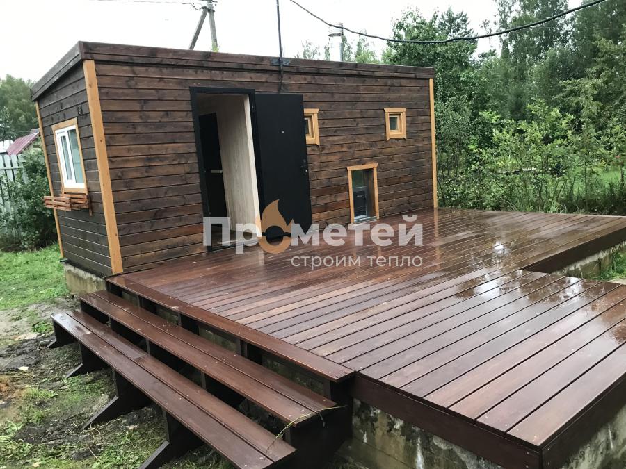 Реализованный проект Каркасная баня Сканди 2.4x6 метров с террасой