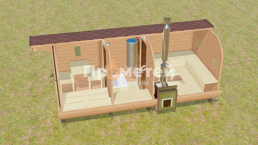 Квадро баня бочка 5.5 метров с козырьком