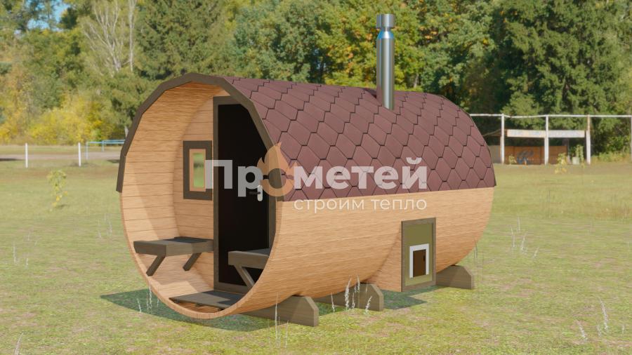 Круглая баня бочка 3.5 метра с террасой