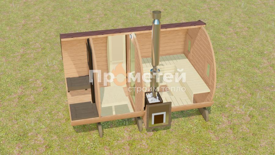 Круглая баня бочка 3.5 метра с террасой
