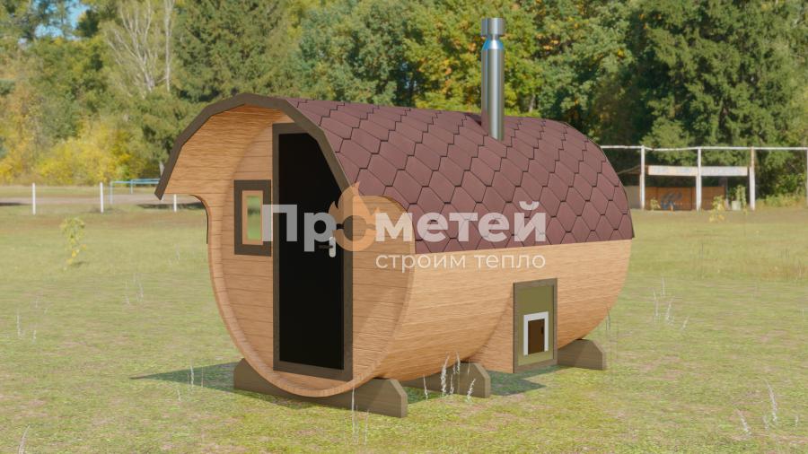 Круглая баня бочка 3.5 метра с козырьком