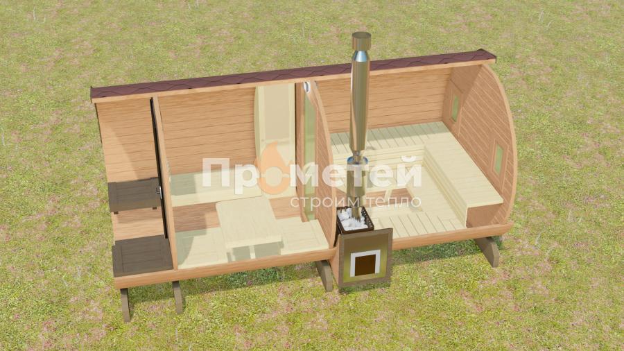 Круглая баня бочка 4.5 метра с террасой