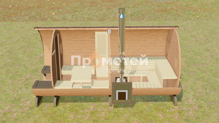 Круглая баня бочка 4.5 метра с террасой