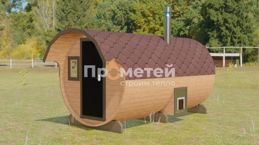 Круглая баня бочка 4.5 метра с козырьком
