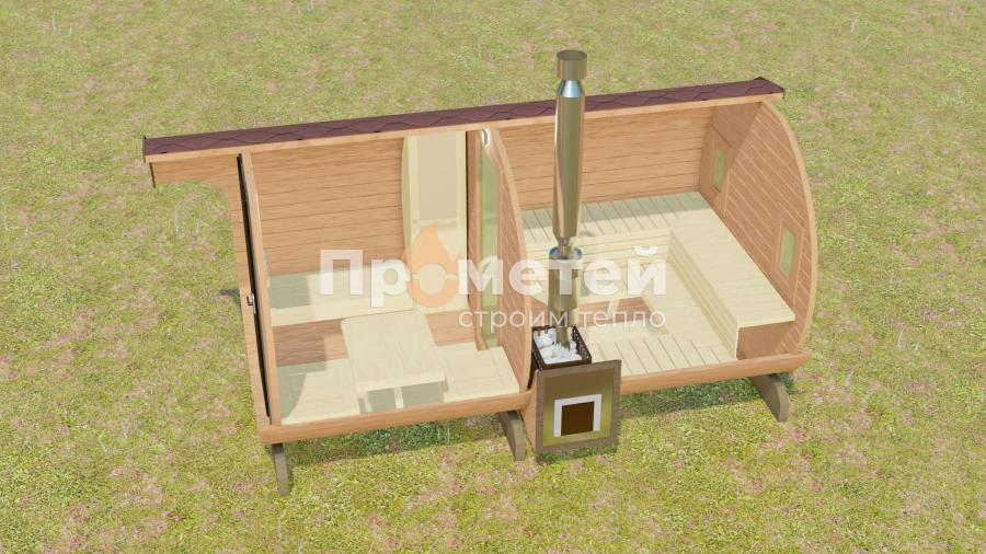 Круглая баня бочка 4.5 метра с козырьком