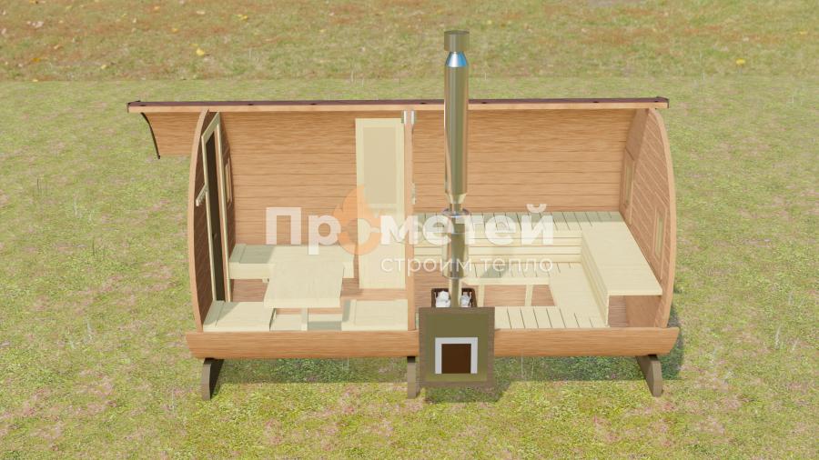 Круглая баня бочка 4.5 метра с козырьком