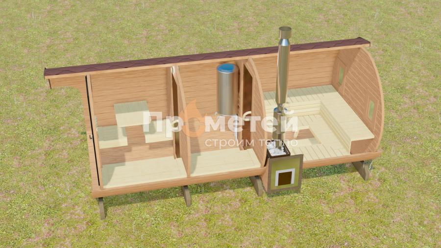 Круглая баня бочка 5.5 метров с козырьком