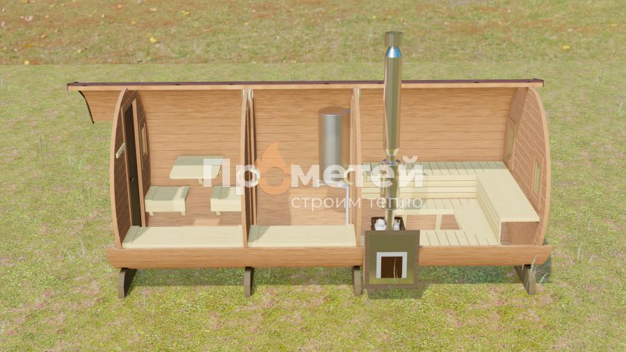 Круглая баня бочка 5.5 метров с козырьком