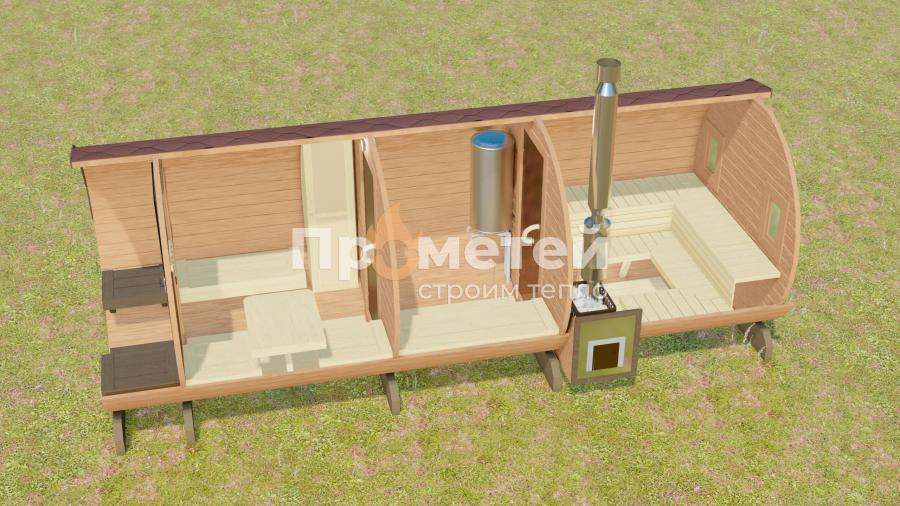 Круглая баня бочка 6 метров с террасой