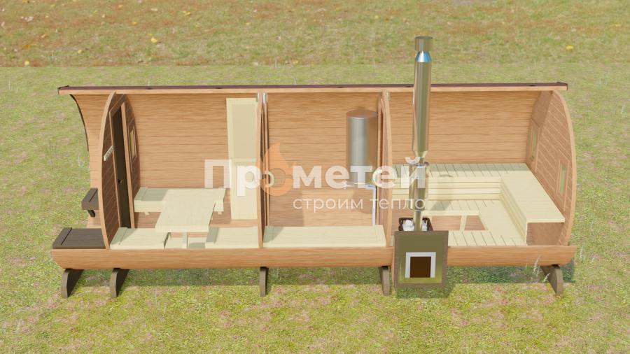 Круглая баня бочка 6 метров с террасой