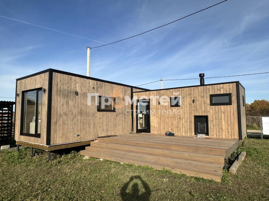 Г-образный модульный дом МД-25 с баней Норд 2.5x6 метров