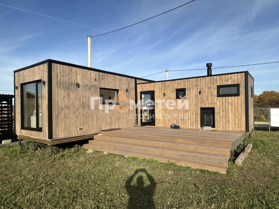 Г-образный модульный дом МД-25 с баней Норд 2.5x6 метров