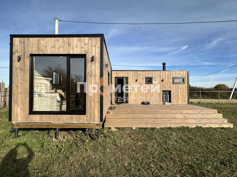 Г-образный модульный дом МД-25 с баней Норд 2.5x6 метров