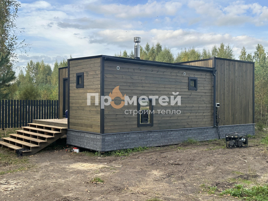 Модульный дом МД-49 с баней Норд 2.5x6 метров с террасой